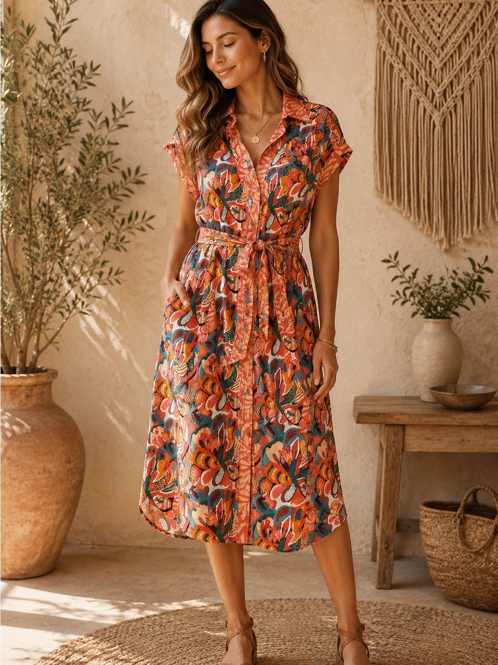 Aura Coral Multi Floral Tie-Waist Midi Dress